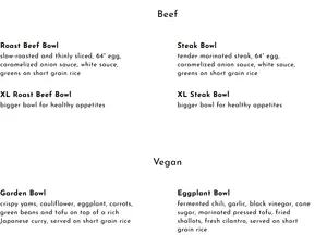 Picture of menu information at Bovine Rice Bowls