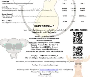 Picture of menu information at Moose's Down Under