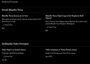 Picture of menu information at Shizenya
