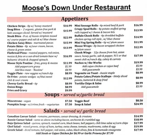 Picture of menu information at Moose's Down Under