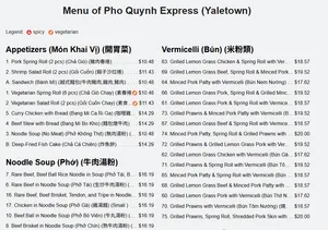 Picture of menu information at Pho Quynh Express Yaletown