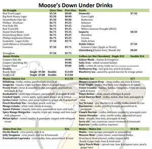 Picture of menu information at Moose's Down Under
