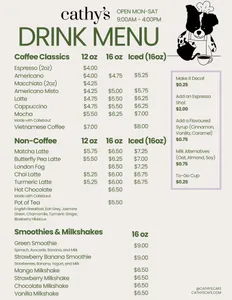 Picture of menu information at Cathy's Cafe