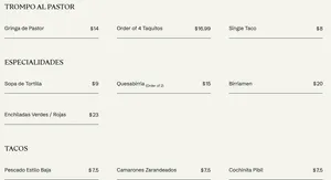 Picture of menu information at COMEDOR By La Taqueria