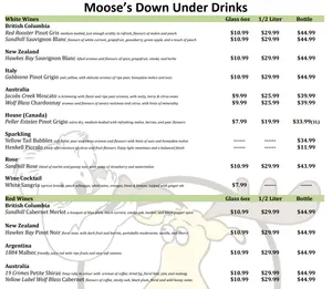 Picture of menu information at Moose's Down Under