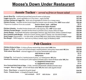 Picture of menu information at Moose's Down Under