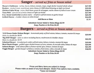 Picture of menu information at Moose's Down Under
