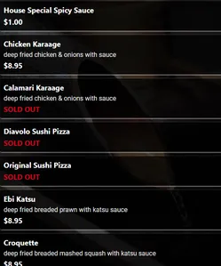 Picture of menu information at Masa Japanese Restaurant Vancouver