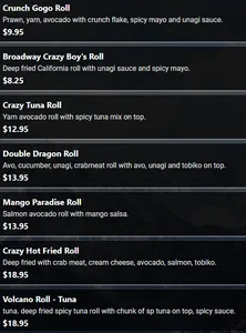 Picture of menu information at Sushiyama