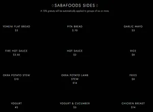 Picture of menu information at Saba Foods