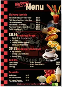 Picture of menu information at Big Dawg kitchen and bar