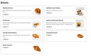 Picture of menu information at UNNI PASTRIES